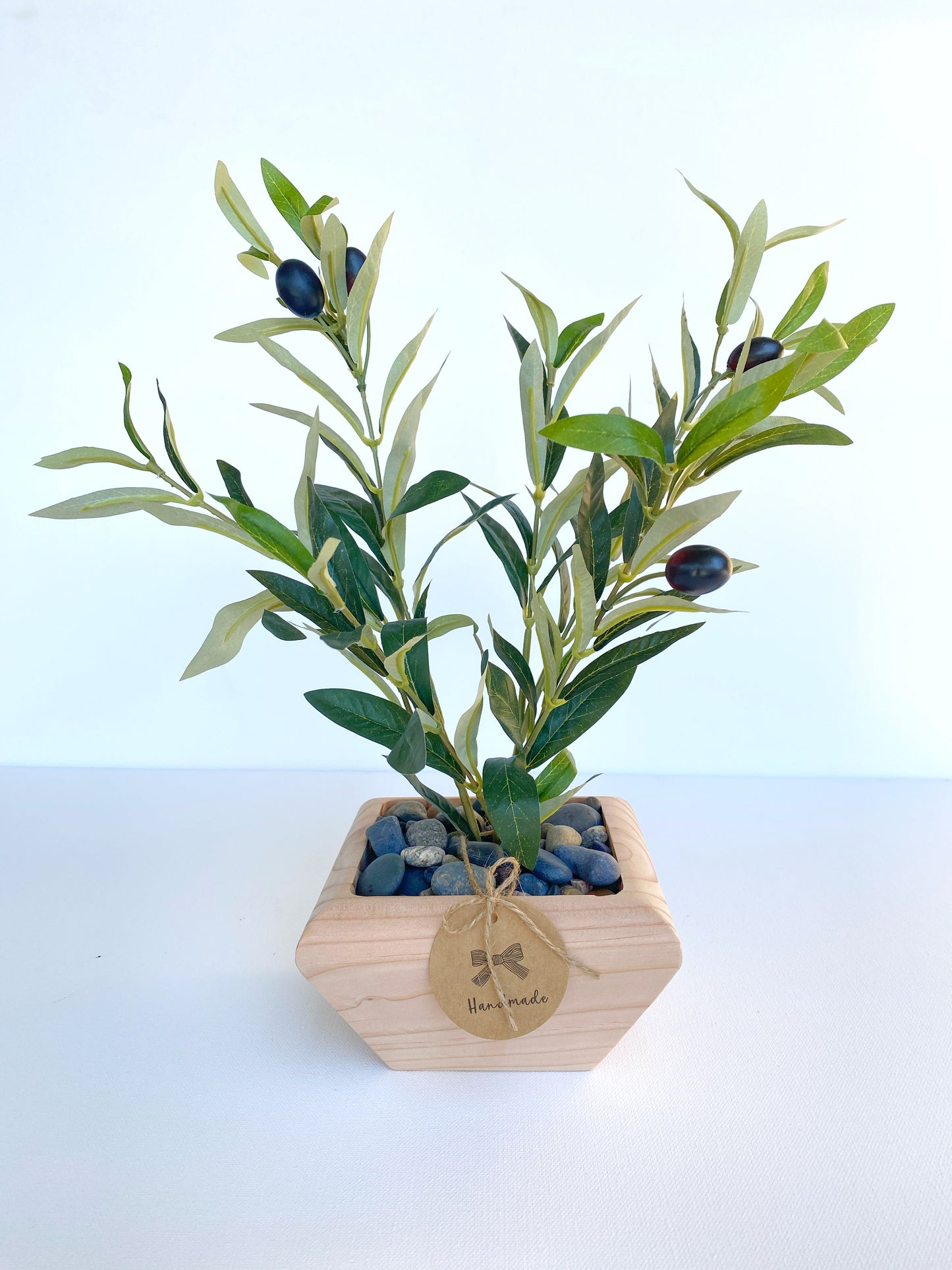 Artificial Olive Tree in Handmade Wood Pot - Small Faux Olive Tree with Fruit