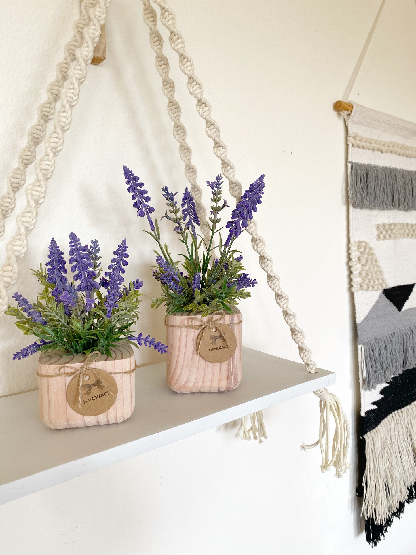 Artificial Lavender Plant in handmade Wood Pot - Floating Shelf, Farmhouse, Rustic, Boho Decor