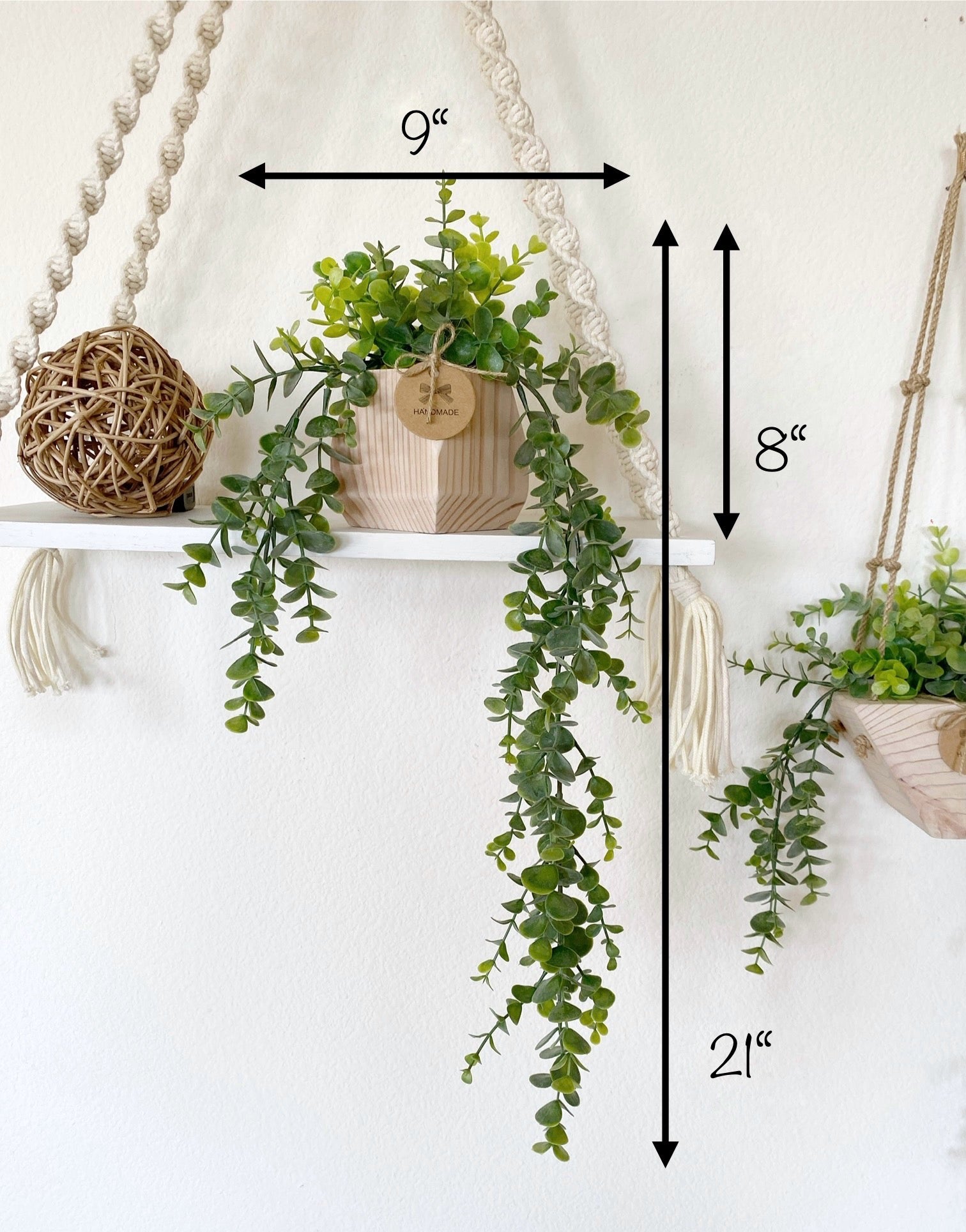 hanging plants with twine Hanging Faux Eucalyptus Plant in Handmade Wood Pot