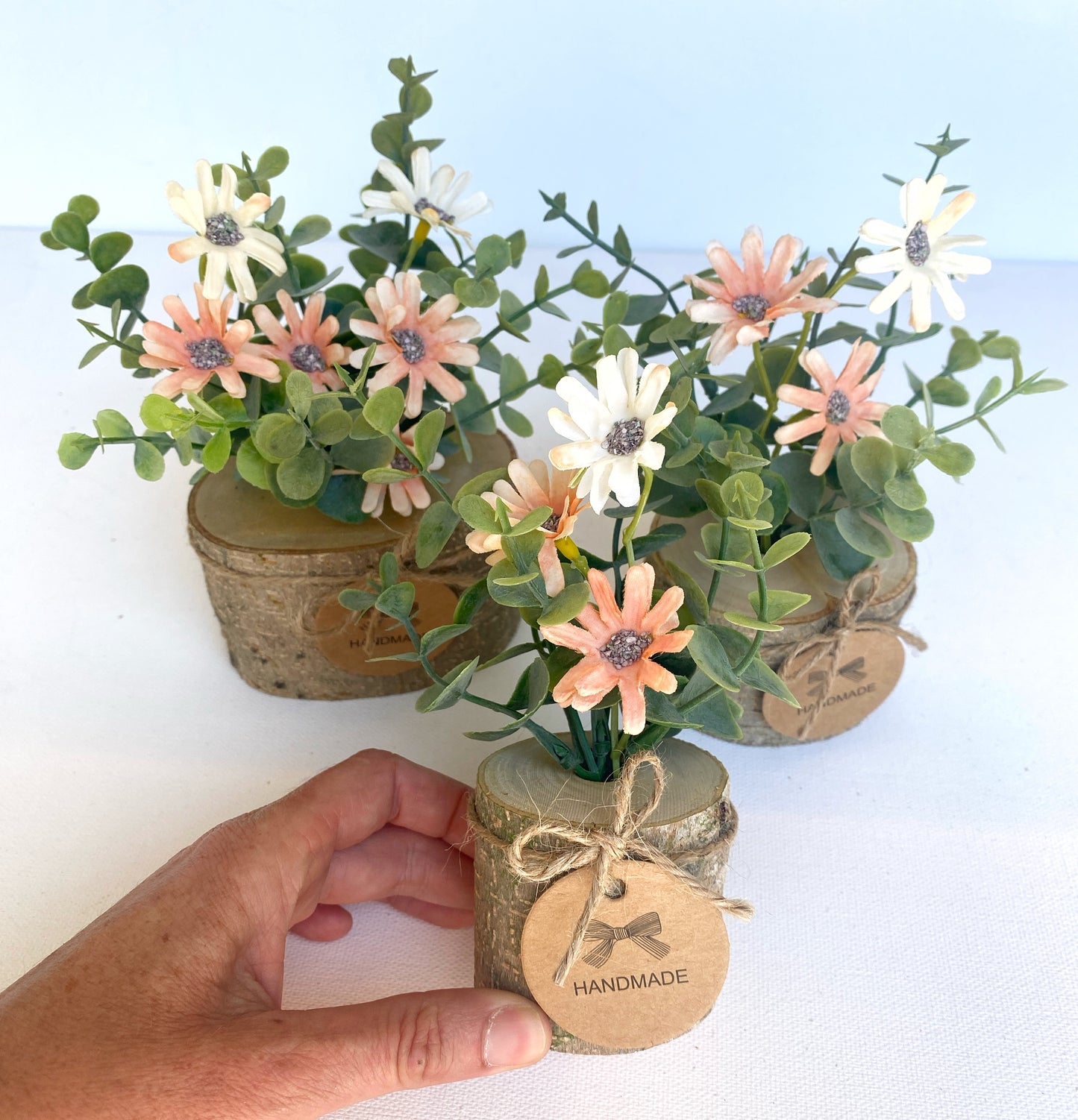 Faux Flower Arrangement in Handmade Wood Pot - with Peach Coral Daisy Wild Flowers and Eucalyptus