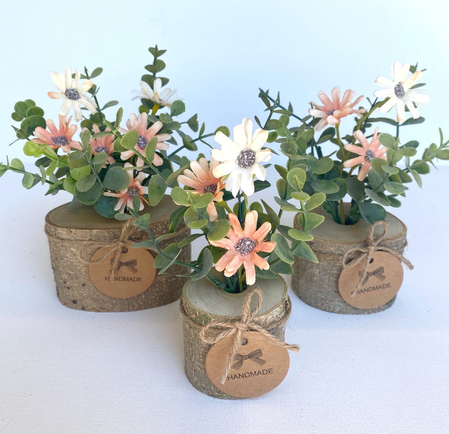 Faux Flower Arrangement in Handmade Wood Pot - with Peach Coral Daisy Wild Flowers and Eucalyptus