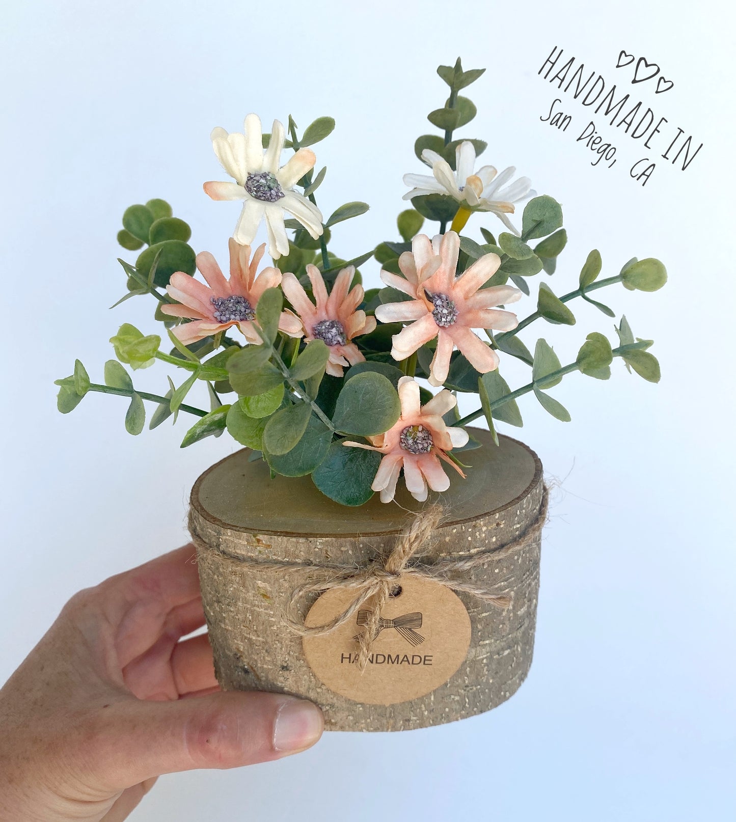 Faux Flower Arrangement in Handmade Wood Pot - with Peach Coral Daisy Wild Flowers and Eucalyptus