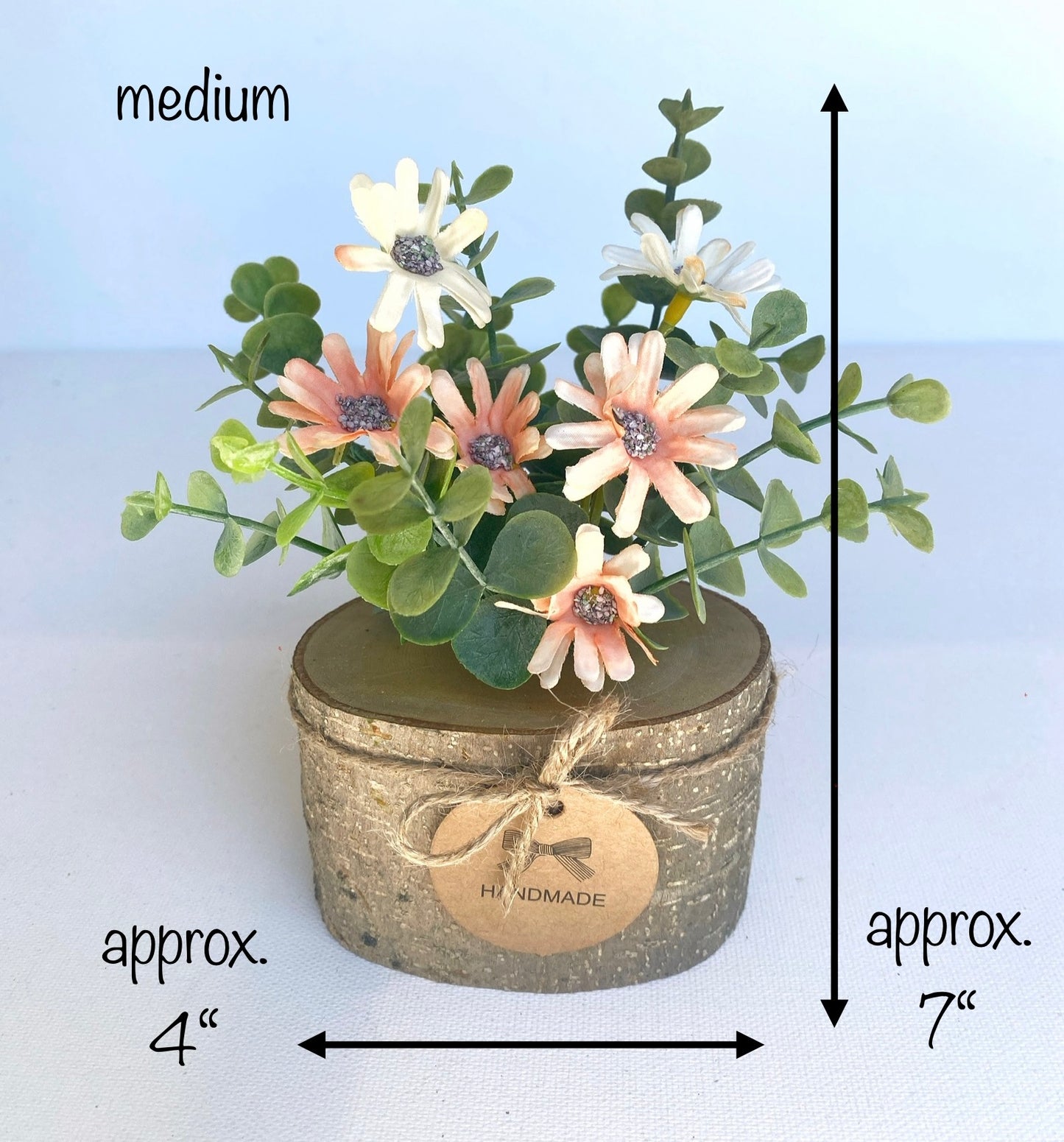 Faux Flower Arrangement in Handmade Wood Pot - with Peach Coral Daisy Wild Flowers and Eucalyptus