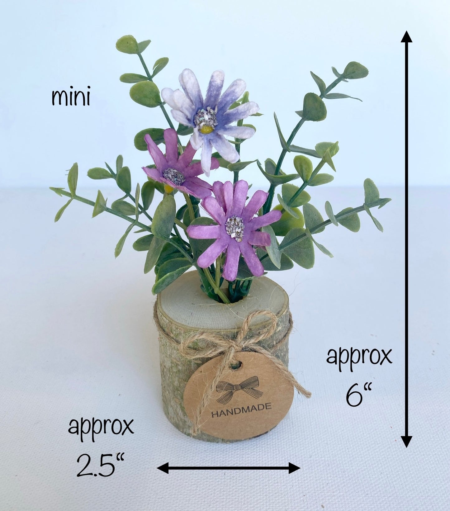 Faux Flower Arrangement in Handmade Wood Pot - with Purple Daisy Wild Flowers and Eucalyptus