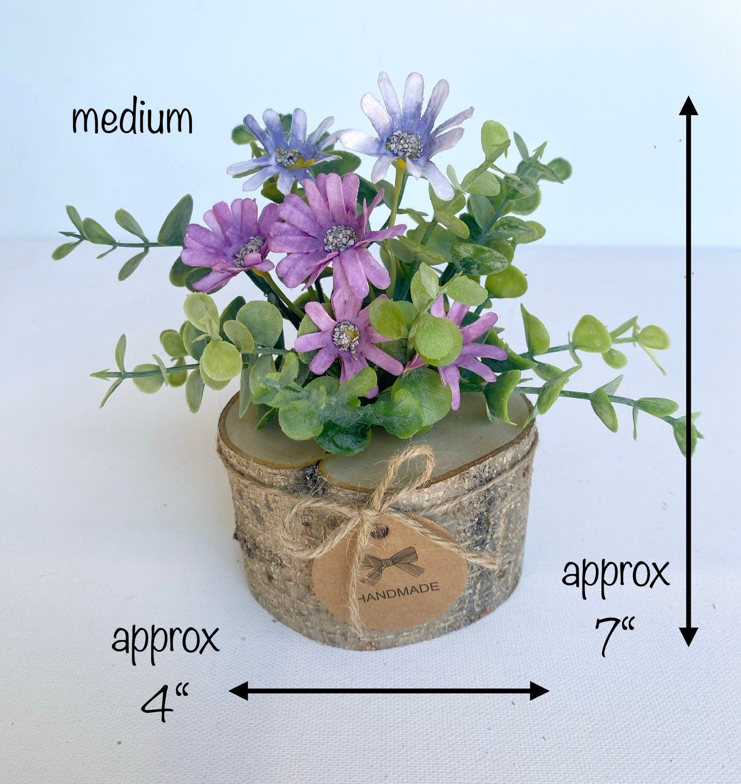 Faux Flower Arrangement in Handmade Wood Pot - with Purple Daisy Wild Flowers and Eucalyptus