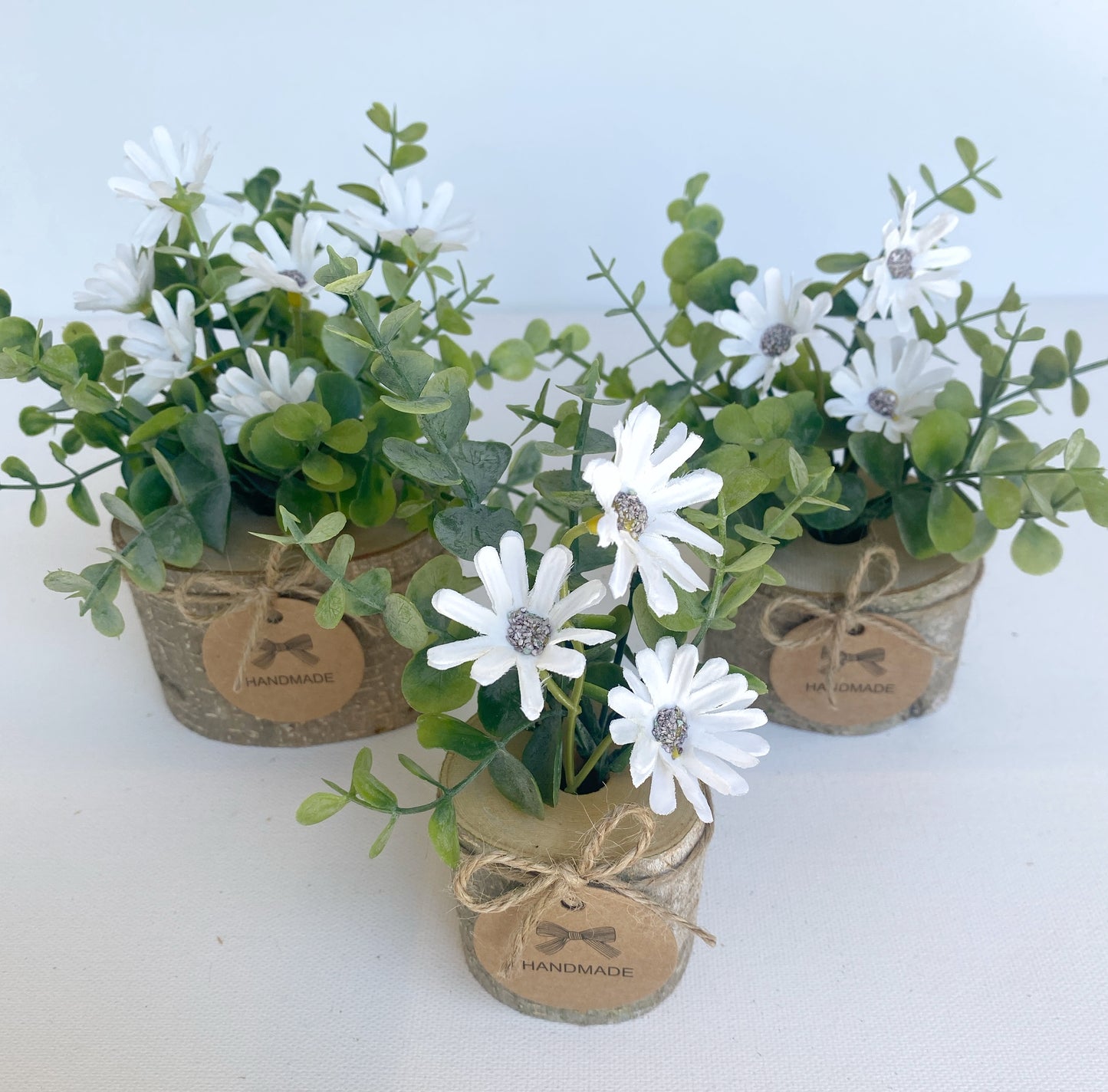 Faux Flower Arrangement in Handmade Wood Pot - with White Daisy Wild Flowers and Eucalyptus