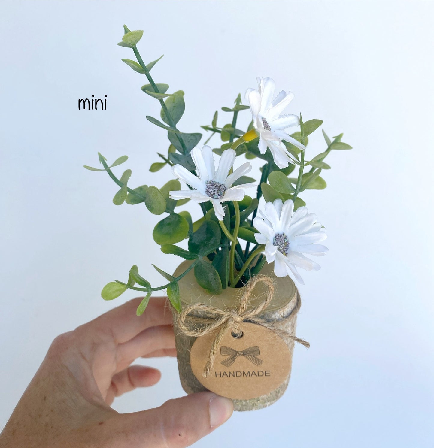 Faux Flower Arrangement in Handmade Wood Pot - with White Daisy Wild Flowers and Eucalyptus