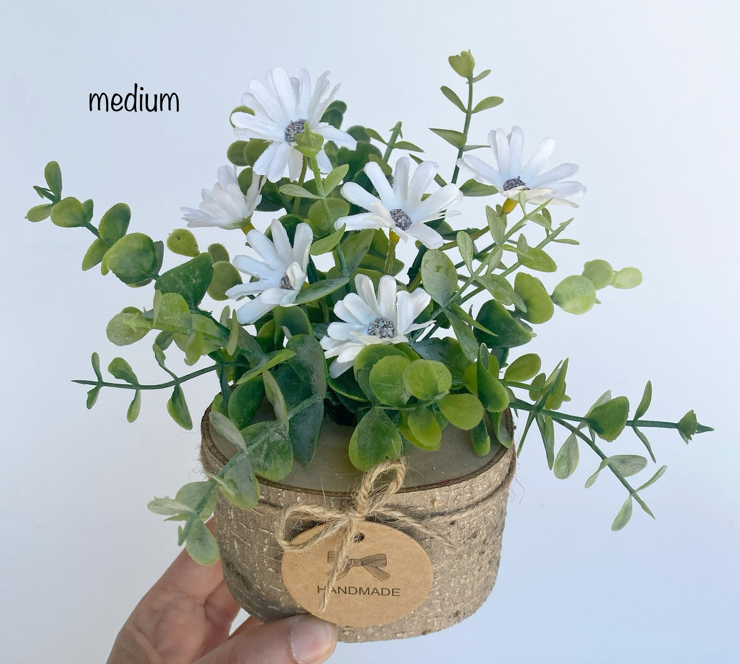 Faux Flower Arrangement in Handmade Wood Pot - with White Daisy Wild Flowers and Eucalyptus