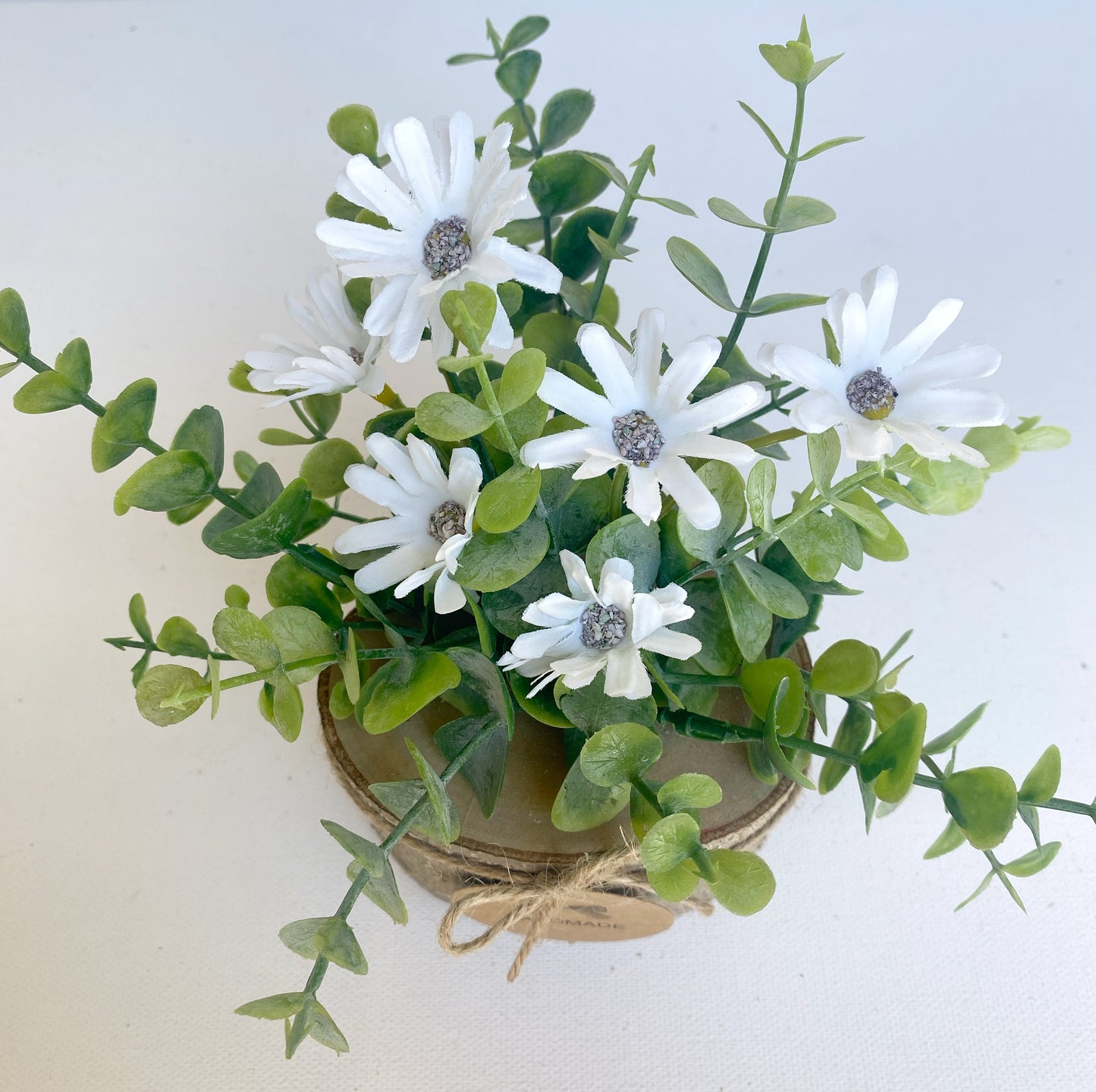 Faux Flower Arrangement in Handmade Wood Pot - with White Daisy Wild Flowers and Eucalyptus