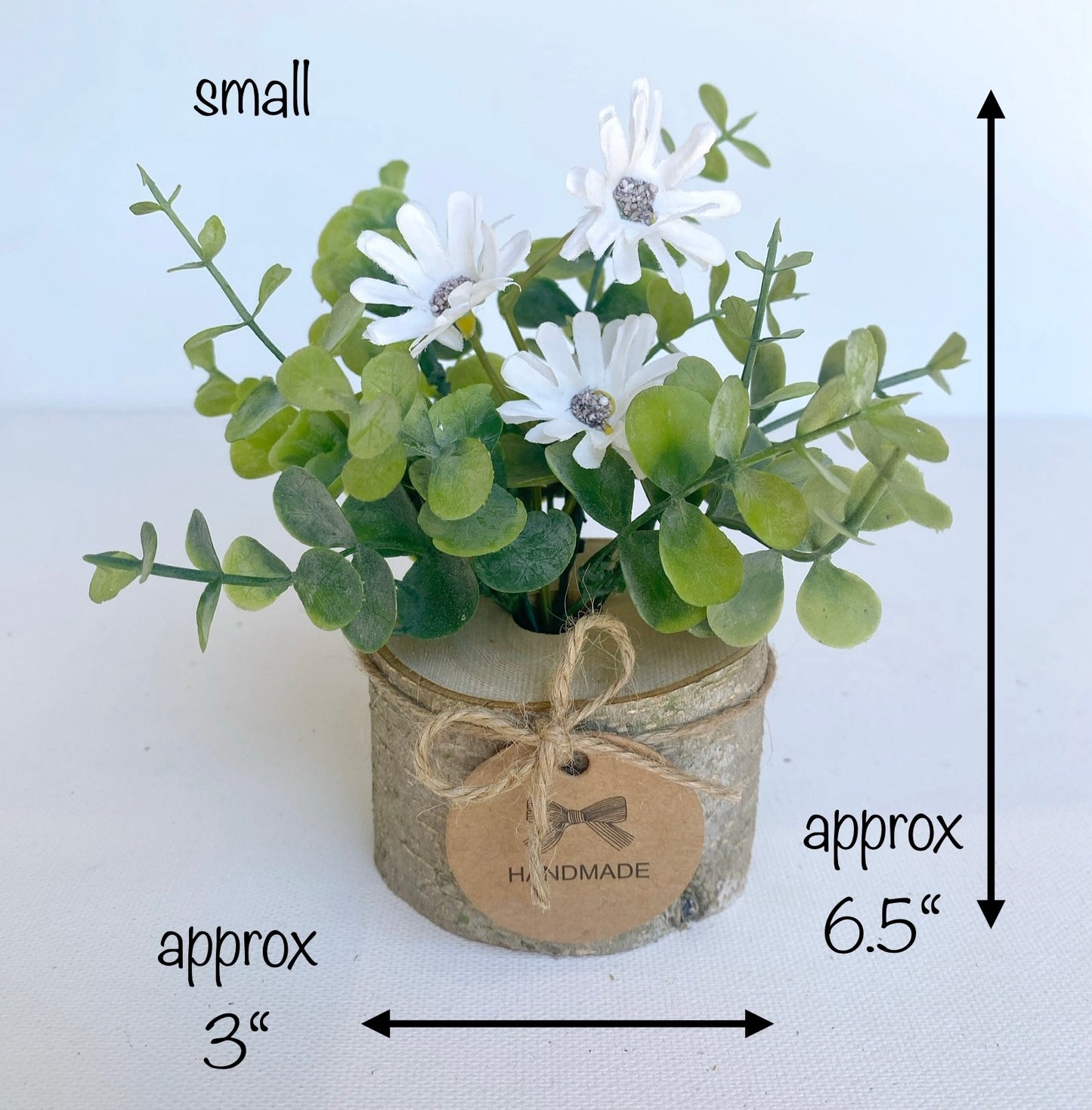 Faux Flower Arrangement in Handmade Wood Pot - with White Daisy Wild Flowers and Eucalyptus