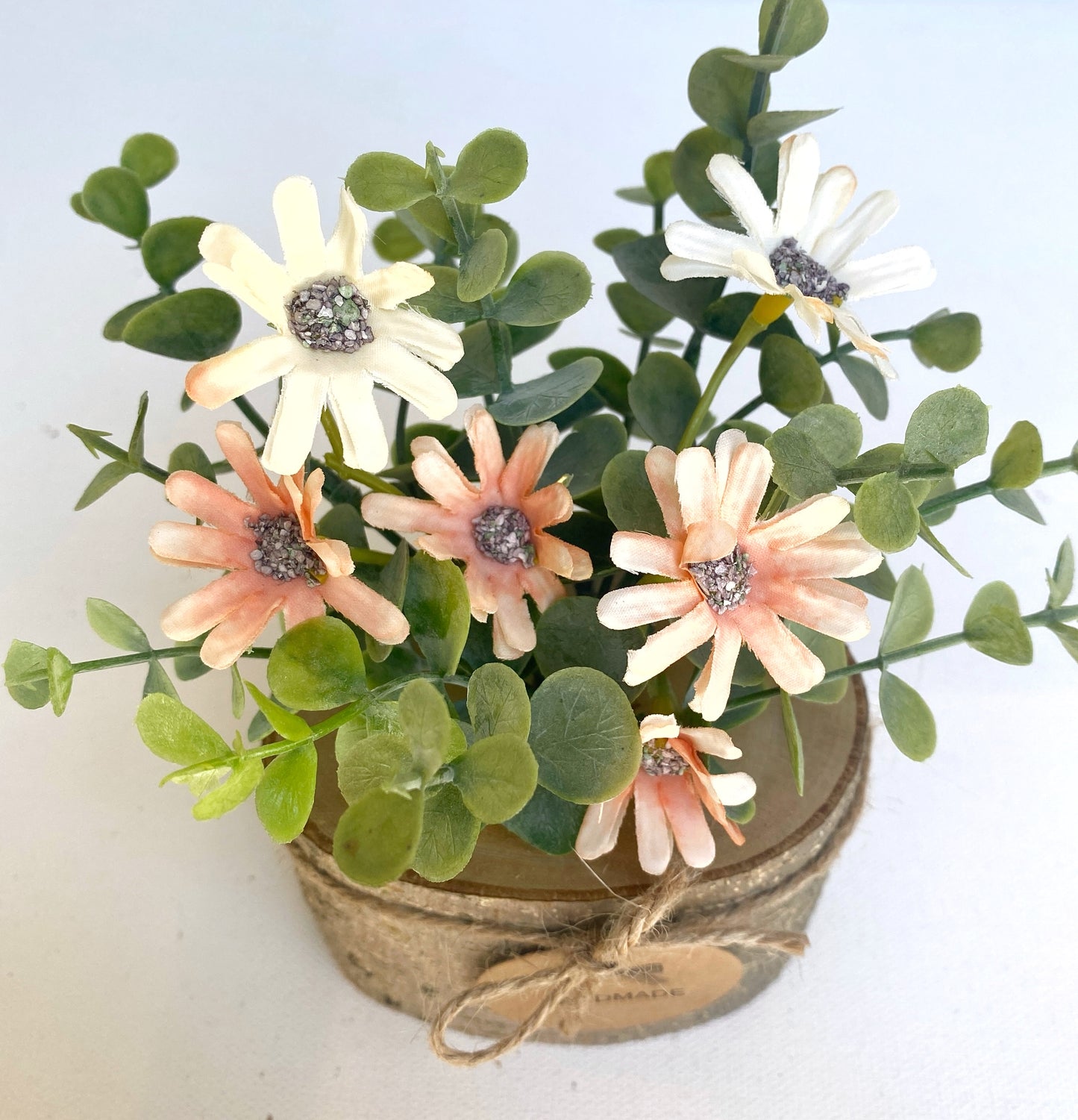 Faux Flower Arrangement in Handmade Wood Pot - with Peach Coral Daisy Wild Flowers and Eucalyptus