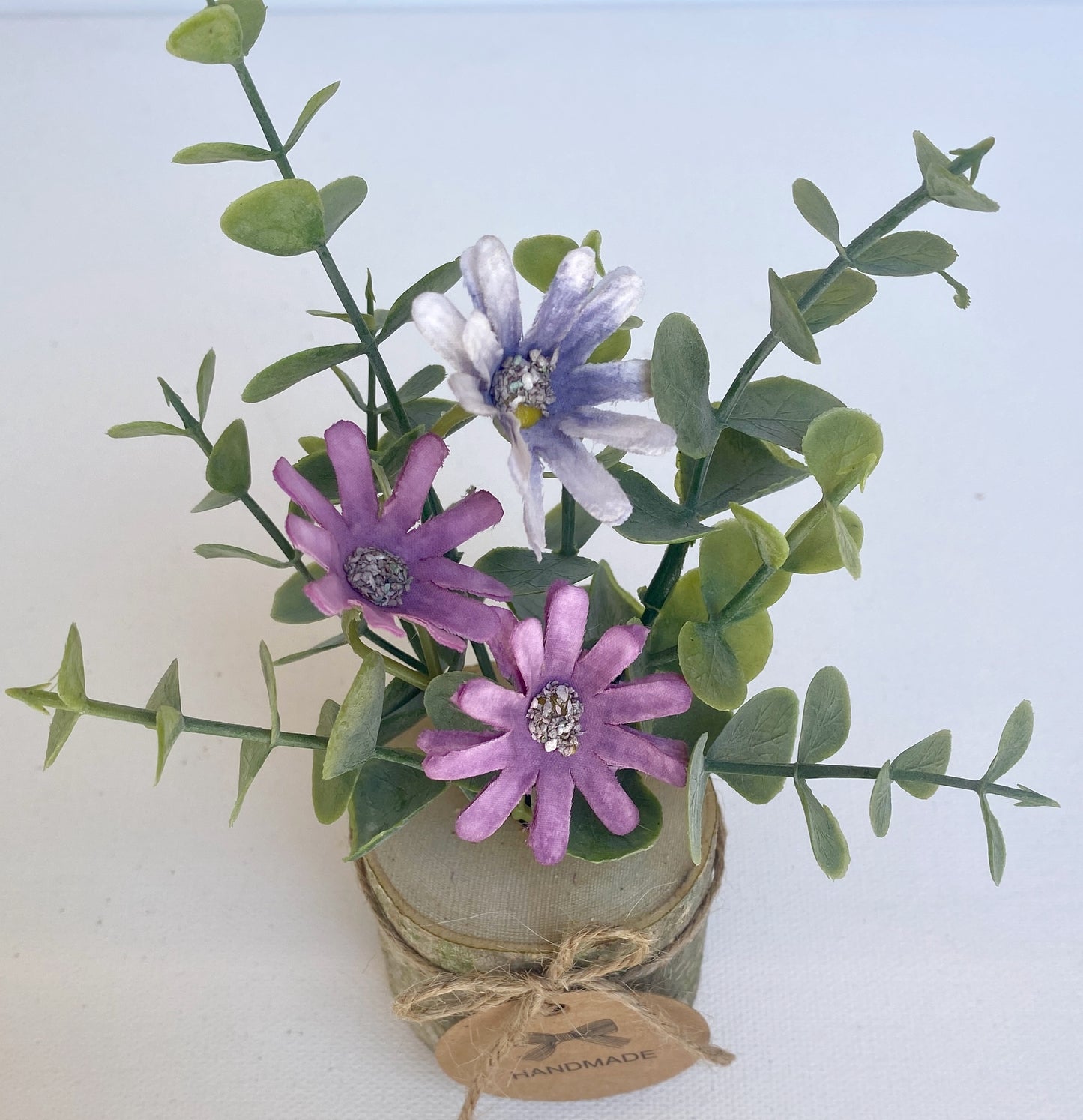 Faux Flower Arrangement in Handmade Wood Pot - with Purple Daisy Wild Flowers and Eucalyptus