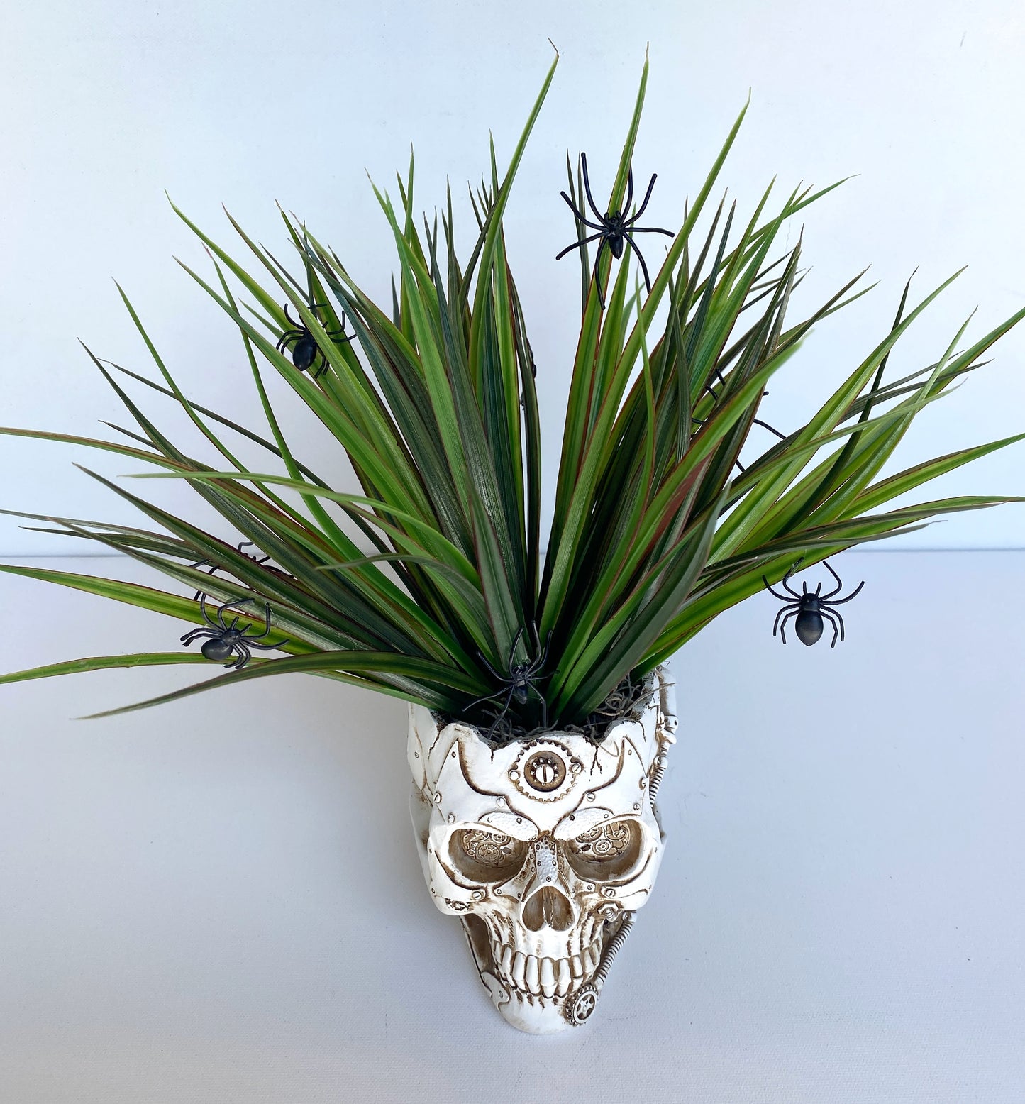 Skull Halloween Decor Plant with Spiders, Skeleton Planter with Faux Plant