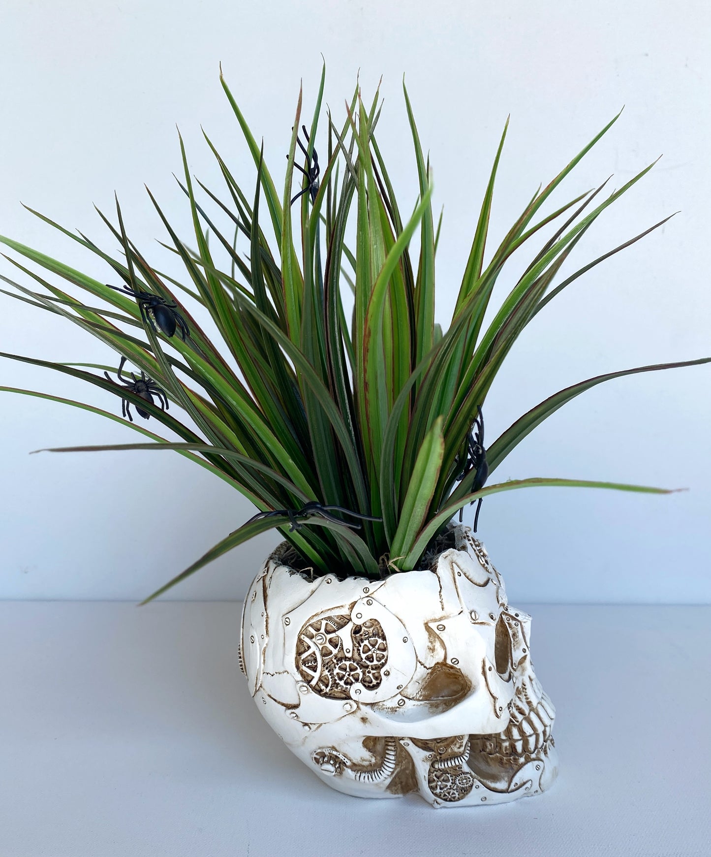 Skull Halloween Decor Plant with Spiders, Skeleton Planter with Faux Plant