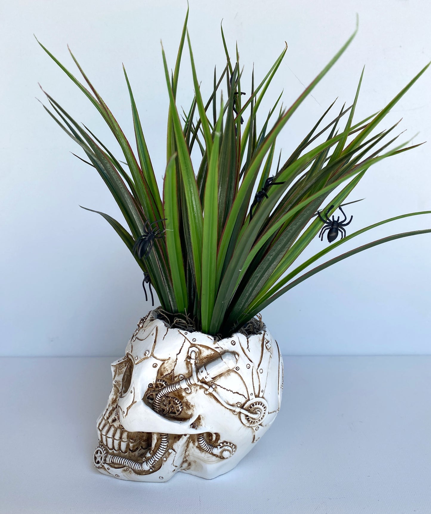 Skull Halloween Decor Plant with Spiders, Skeleton Planter with Faux Plant