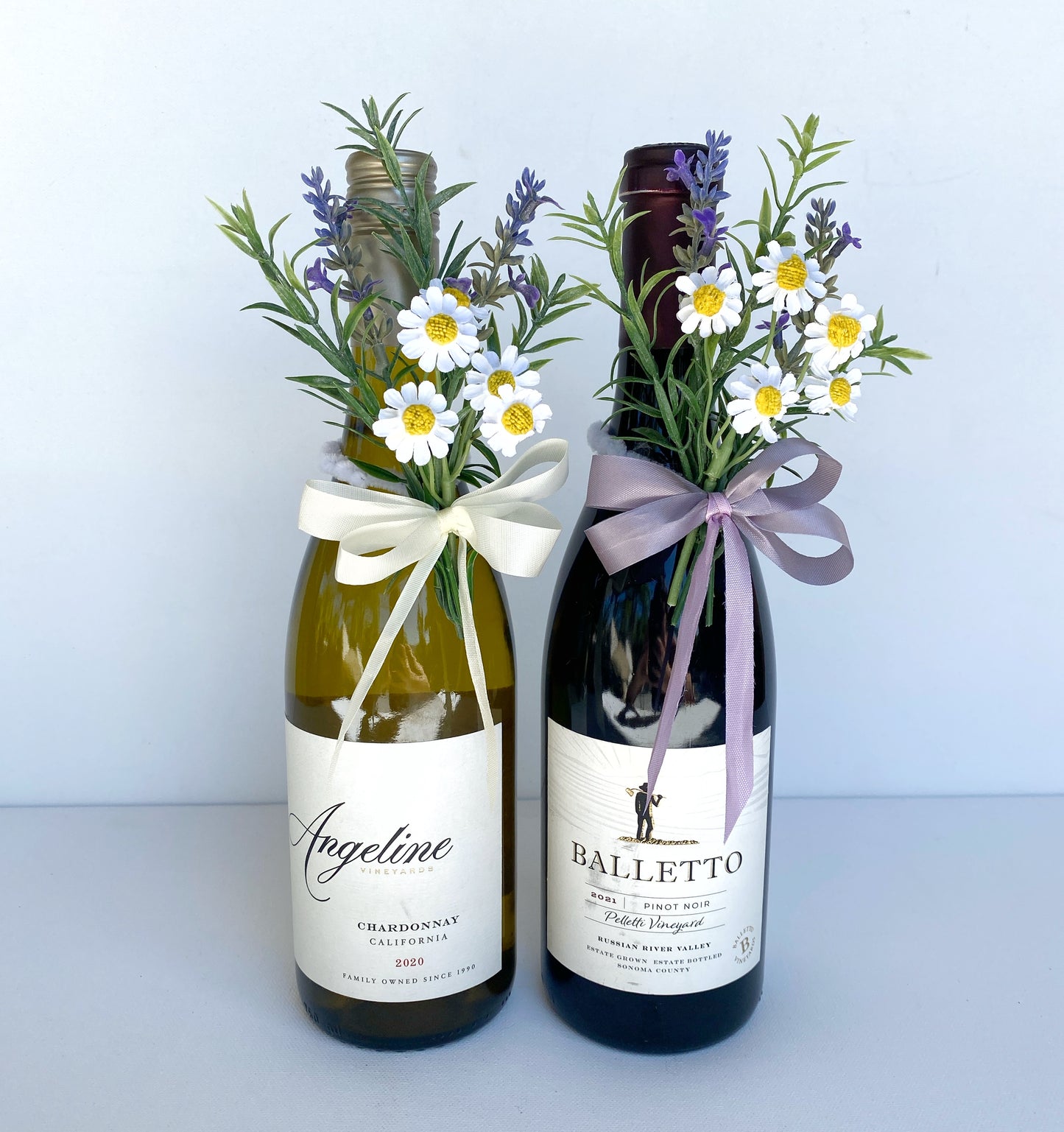 Wine Lover Gift - Faux Flower Arrangement for Wine or Champagne Bottles – Daisy and Lavender Wine Bottle Bouquet - Bottle Flowers