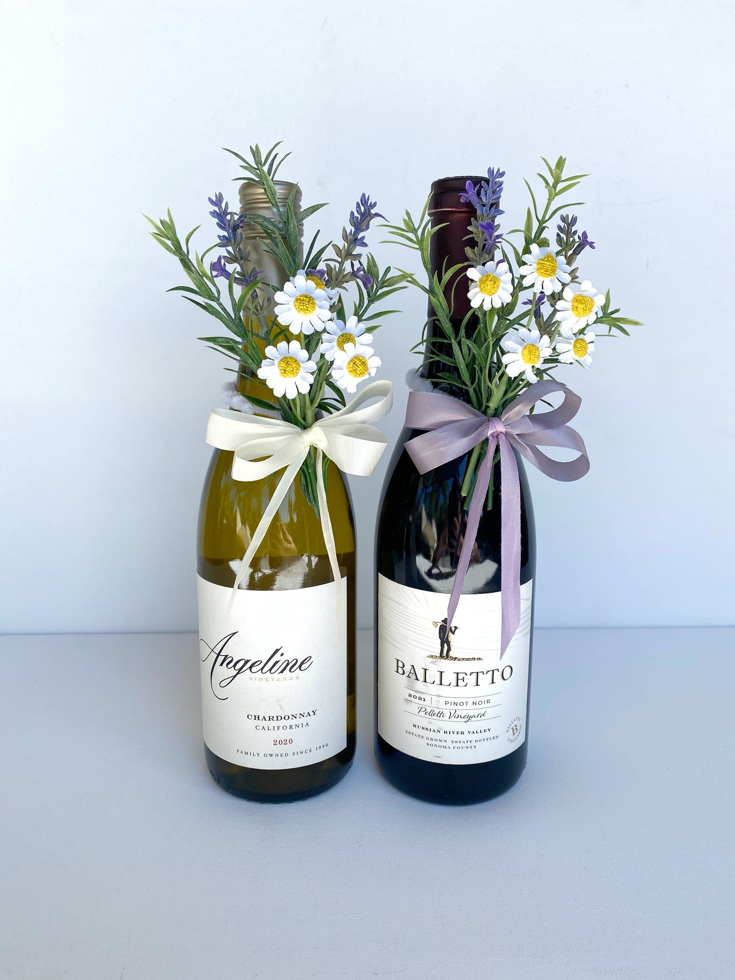 Wine Lover Gift - Faux Flower Arrangement for Wine or Champagne Bottles – Daisy and Lavender Wine Bottle Bouquet - Bottle Flowers