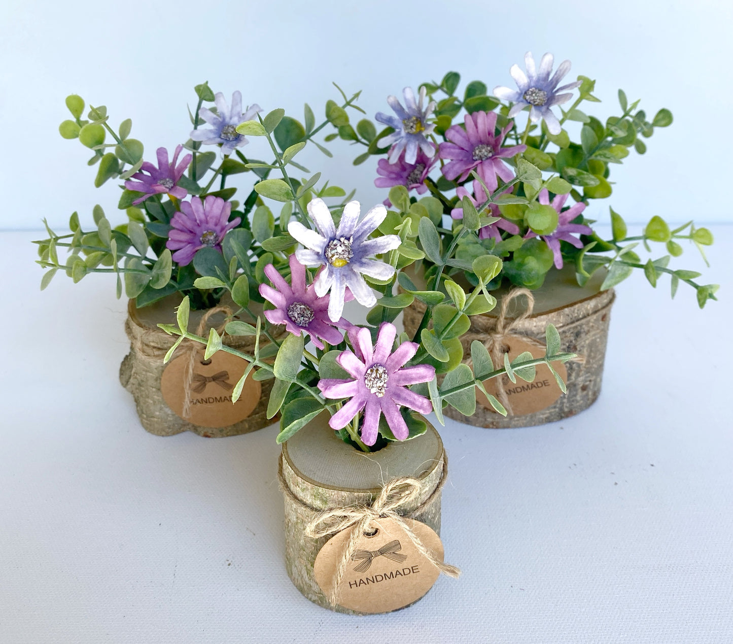 Faux Flower Arrangement in Handmade Wood Pot - with Purple Daisy Wild Flowers and Eucalyptus