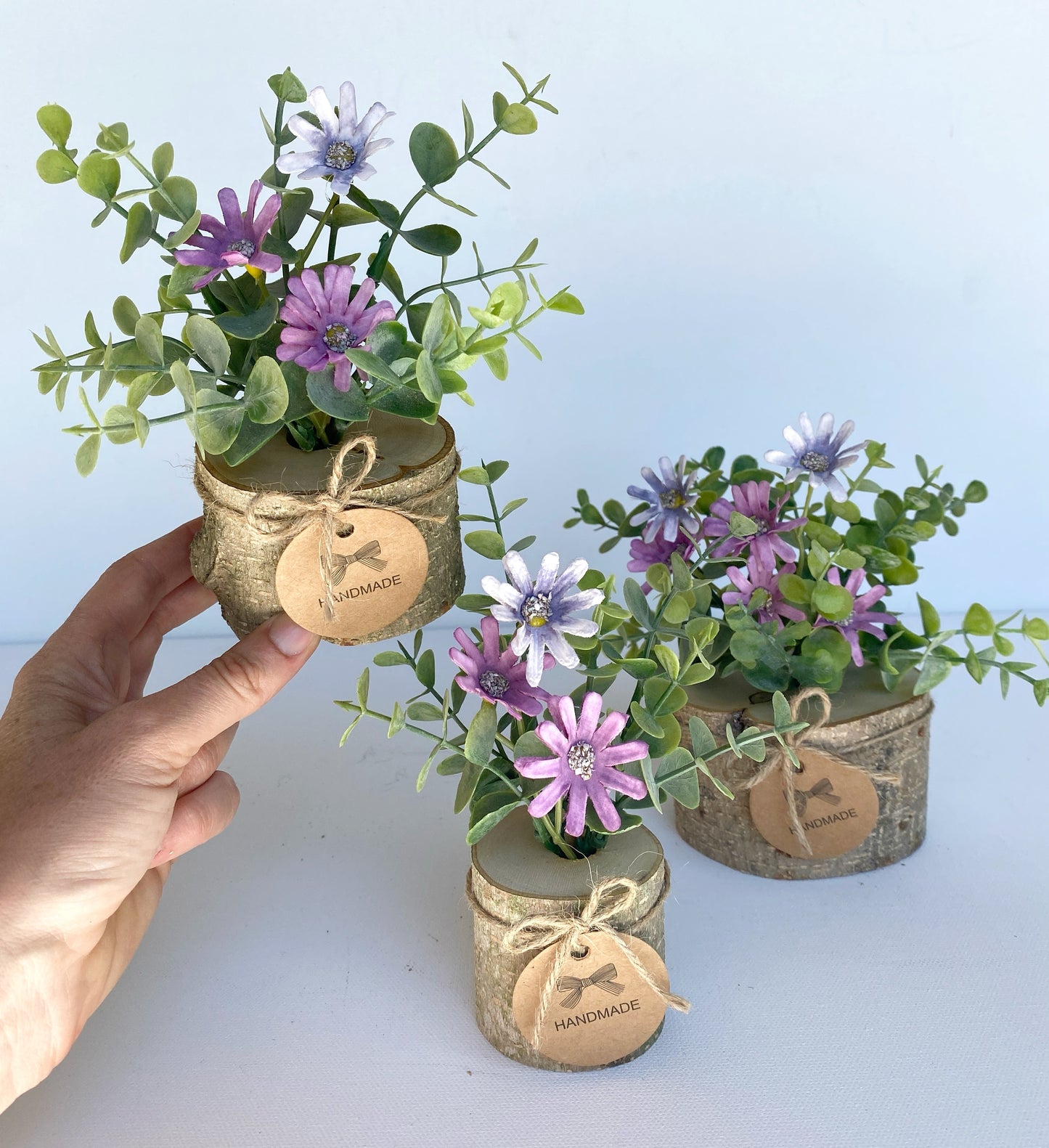 Faux Flower Arrangement in Handmade Wood Pot - with Purple Daisy Wild Flowers and Eucalyptus