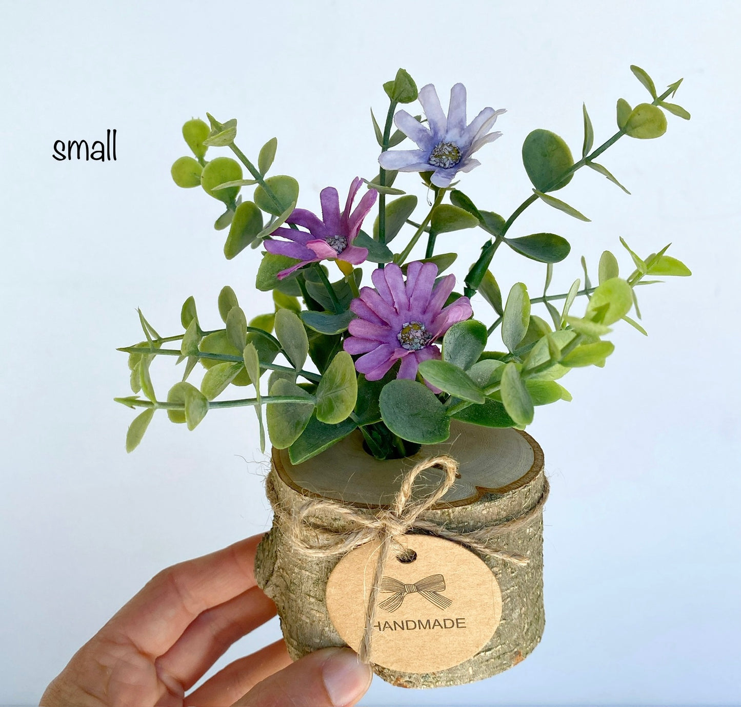 Faux Flower Arrangement in Handmade Wood Pot - with Purple Daisy Wild Flowers and Eucalyptus