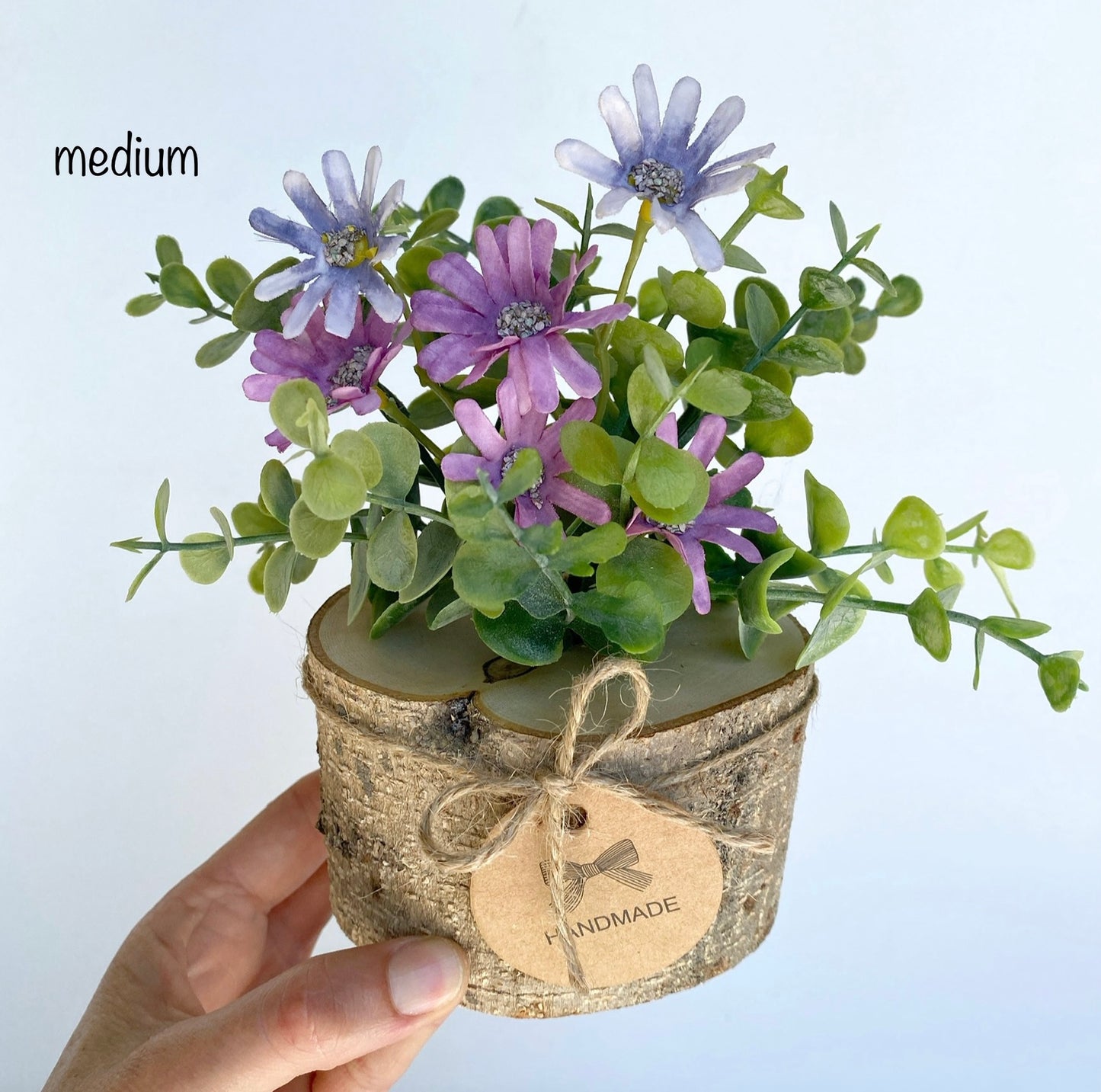 Faux Flower Arrangement in Handmade Wood Pot - with Purple Daisy Wild Flowers and Eucalyptus