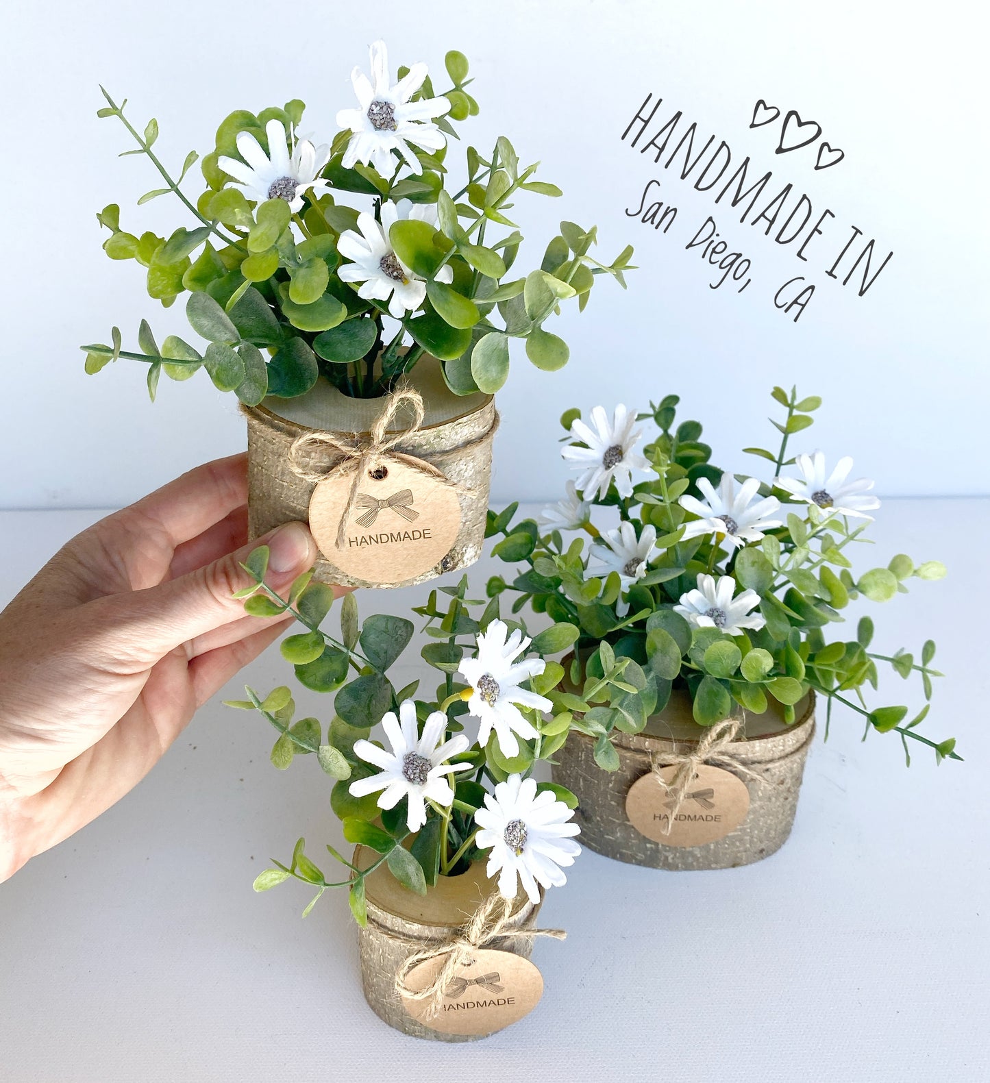 Faux Flower Arrangement in Handmade Wood Pot - with White Daisy Wild Flowers and Eucalyptus