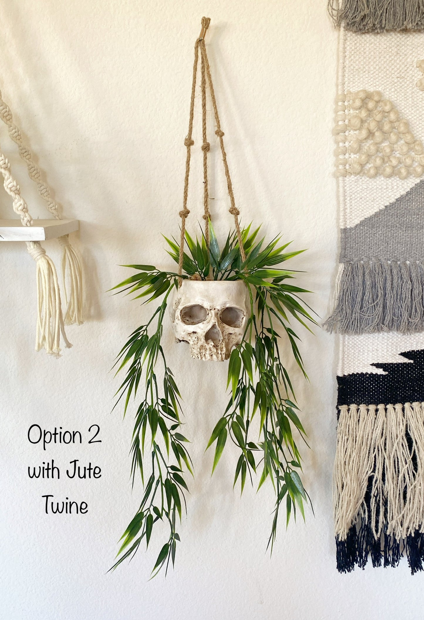 Skull Planter with Hanging Faux Plant - with Jute Twine or as Floating Shelve Decor