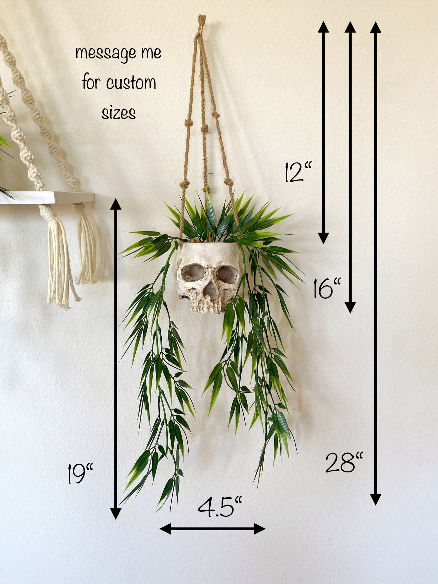 Skull Planter with Hanging Faux Plant - with Jute Twine or as Floating Shelve Decor