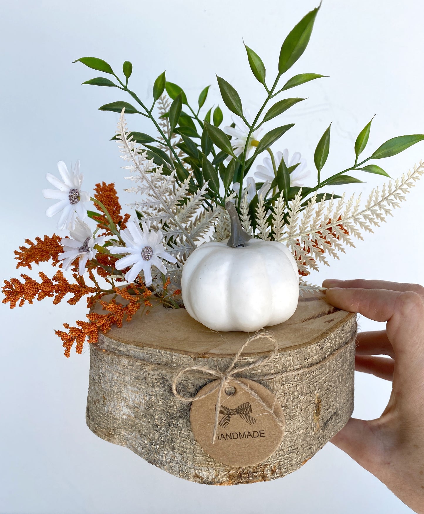 Faux Fall Centerpiece Flower Arrangement in Wood Log Branch - Pumpkin and Fall Flowers Artificial