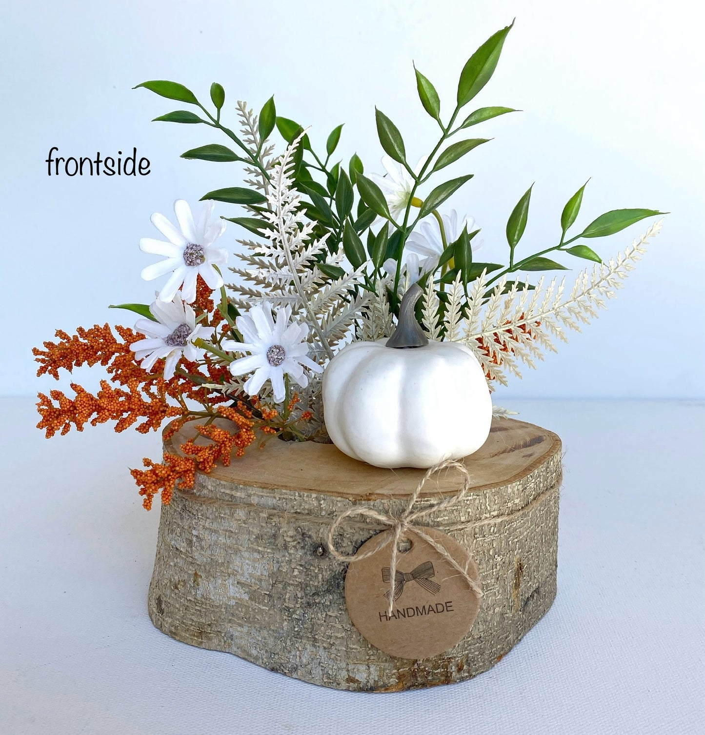 Faux Fall Centerpiece Flower Arrangement in Wood Log Branch - Pumpkin and Fall Flowers Artificial