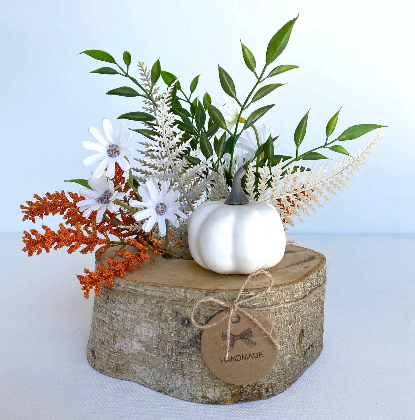 Faux Fall Centerpiece Flower Arrangement in Wood Log Branch - Pumpkin and Fall Flowers Artificial