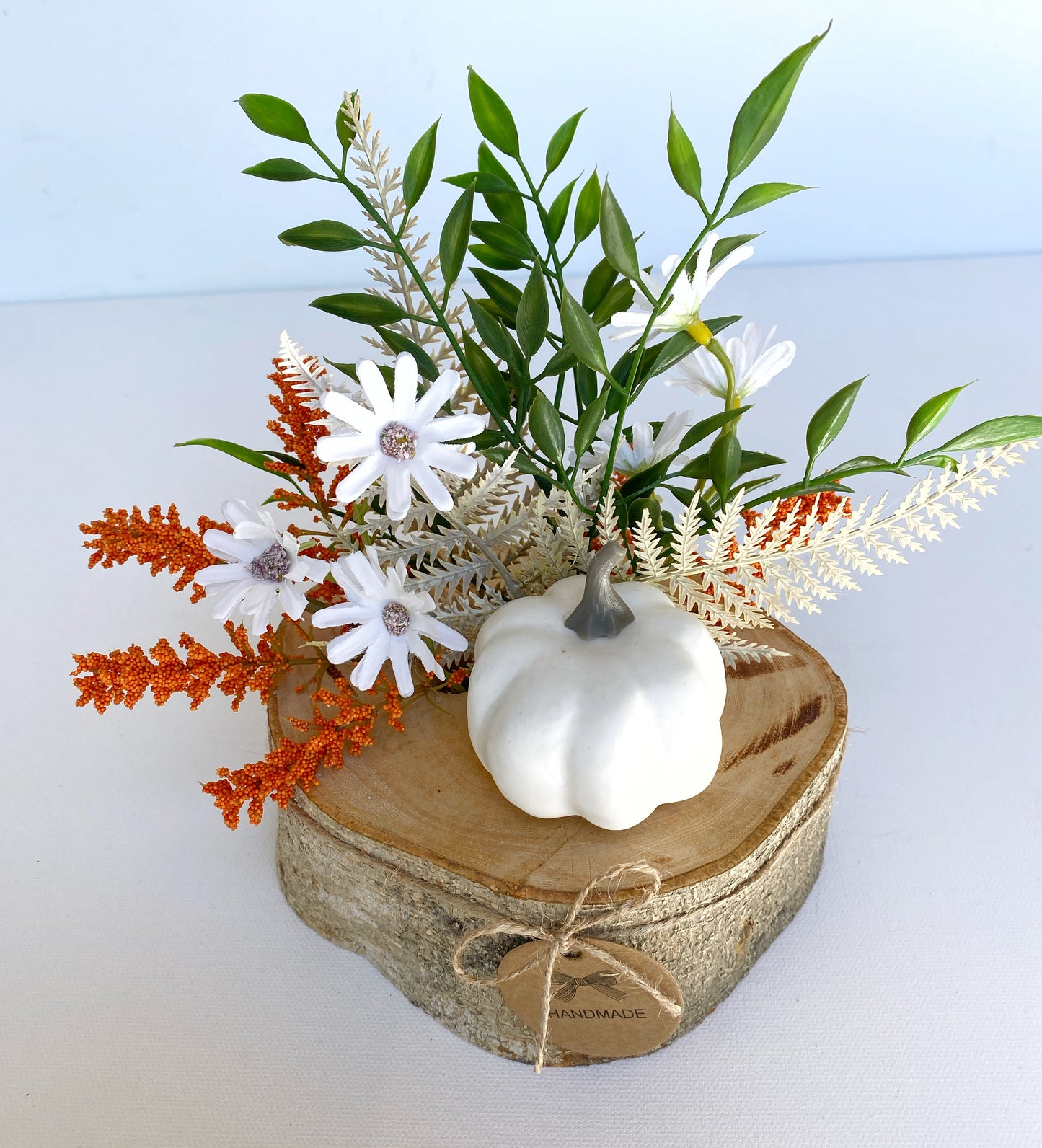 Faux Fall Centerpiece Flower Arrangement in Wood Log Branch - Pumpkin and Fall Flowers Artificial