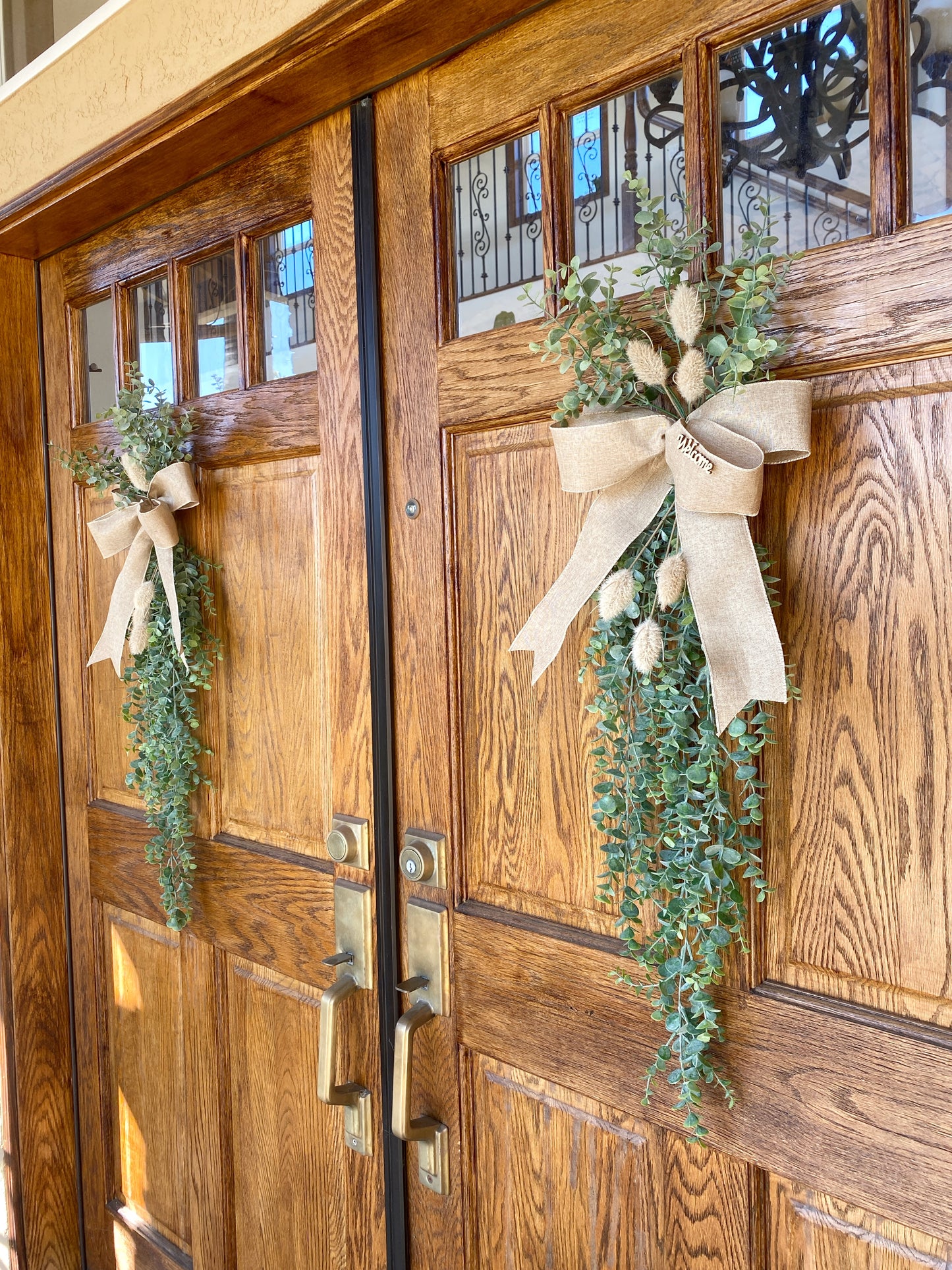 Fall Eucalyptus Door Swag with Bunny Tails - FAUX Front Door or Wall Swag, Double Door Wreath, Farmhouse Swag, Window Swag, Door Hanger