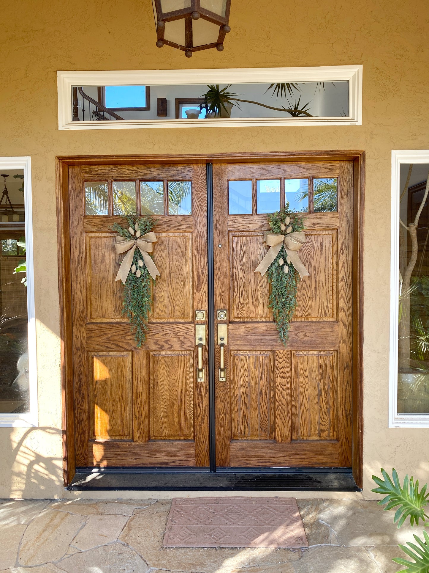 Fall Eucalyptus Door Swag with Bunny Tails - FAUX Front Door or Wall Swag, Double Door Wreath, Farmhouse Swag, Window Swag, Door Hanger