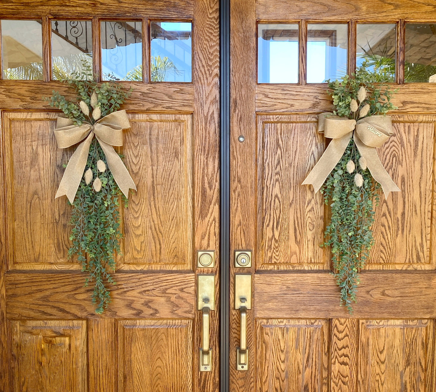 Fall Eucalyptus Door Swag with Bunny Tails - FAUX Front Door or Wall Swag, Double Door Wreath, Farmhouse Swag, Window Swag, Door Hanger