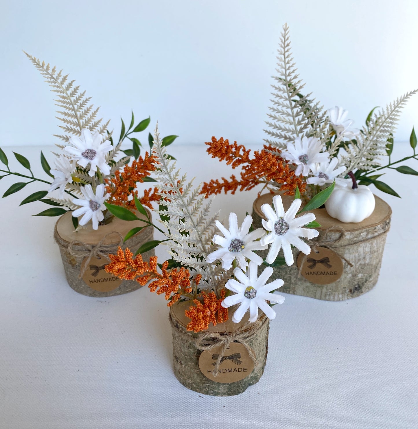 Fall Flower Arrangement in Wood Log Branch, Artificial - Handmade - Pumpkin and Fall Flowers Faux