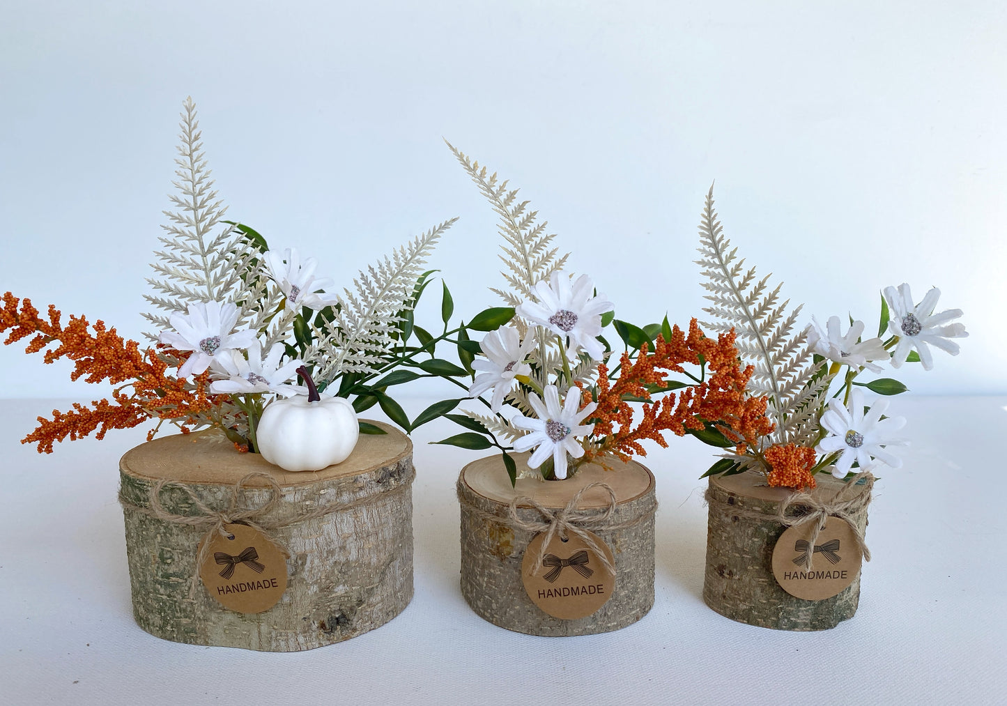 Fall Flower Arrangement in Wood Log Branch, Artificial - Handmade - Pumpkin and Fall Flowers Faux