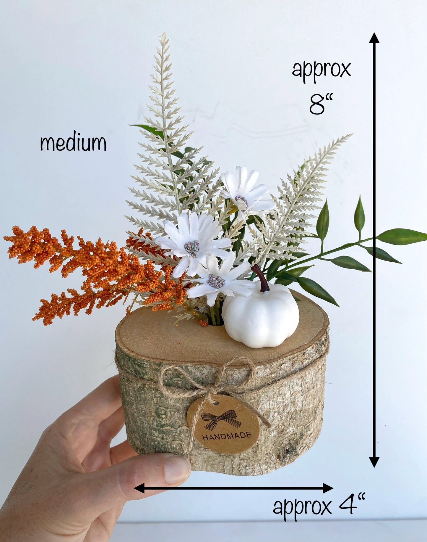 Fall Flower Arrangement in Wood Log Branch, Artificial - Handmade - Pumpkin and Fall Flowers Faux