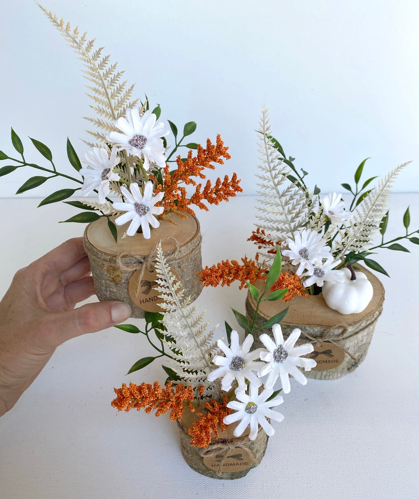 Fall Flower Arrangement in Wood Log Branch, Artificial - Handmade - Pumpkin and Fall Flowers Faux