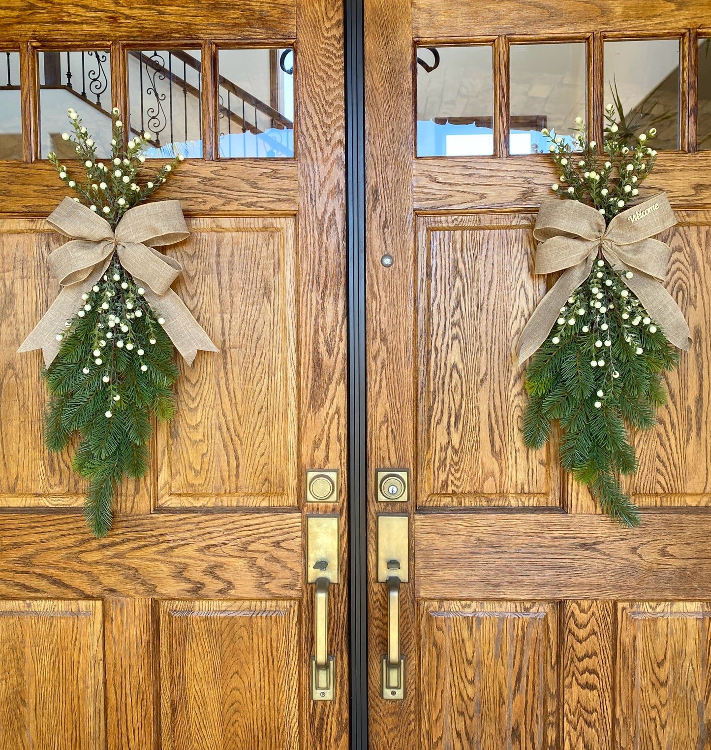 Pine and Winter Berry Door Swag Artificial. Real Touch Douglas Fir with White Christmas Berries