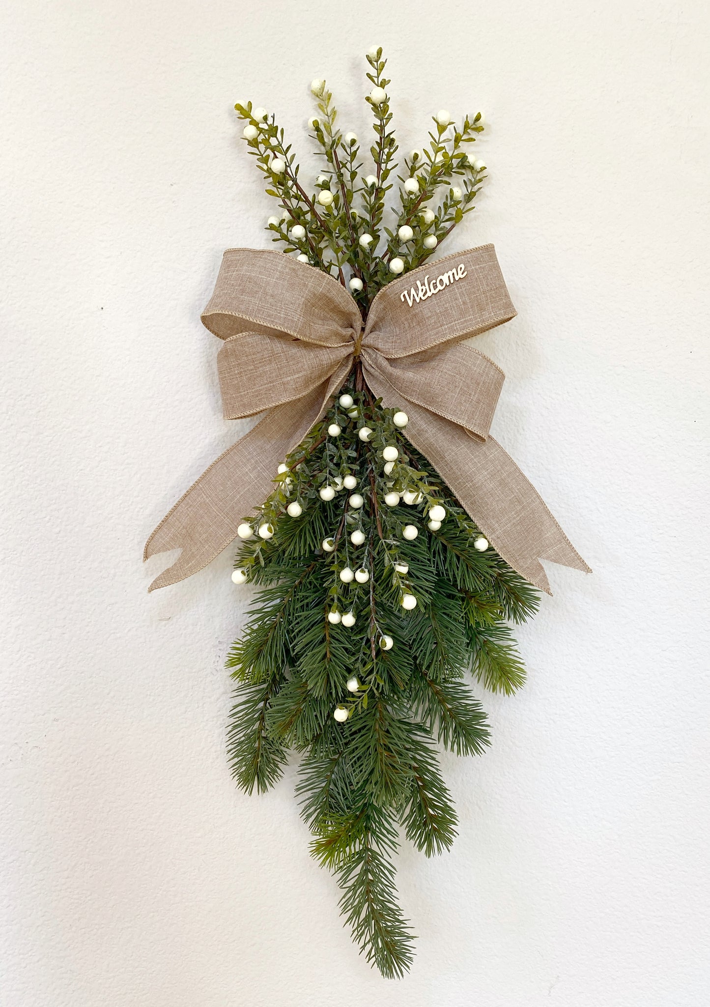 Pine and Winter Berry Door Swag Artificial. Real Touch Douglas Fir with White Christmas Berries