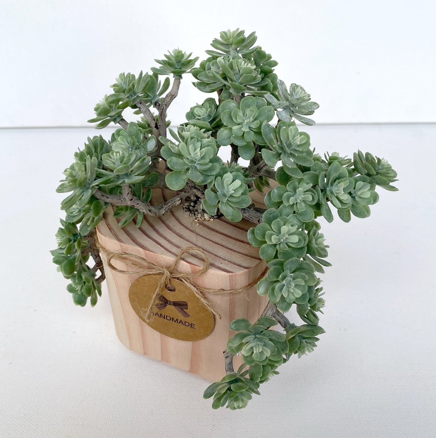 Succulent Plant in handmade Wood Pot - Korean succulent plant artificial - faux succulents - sedum spray