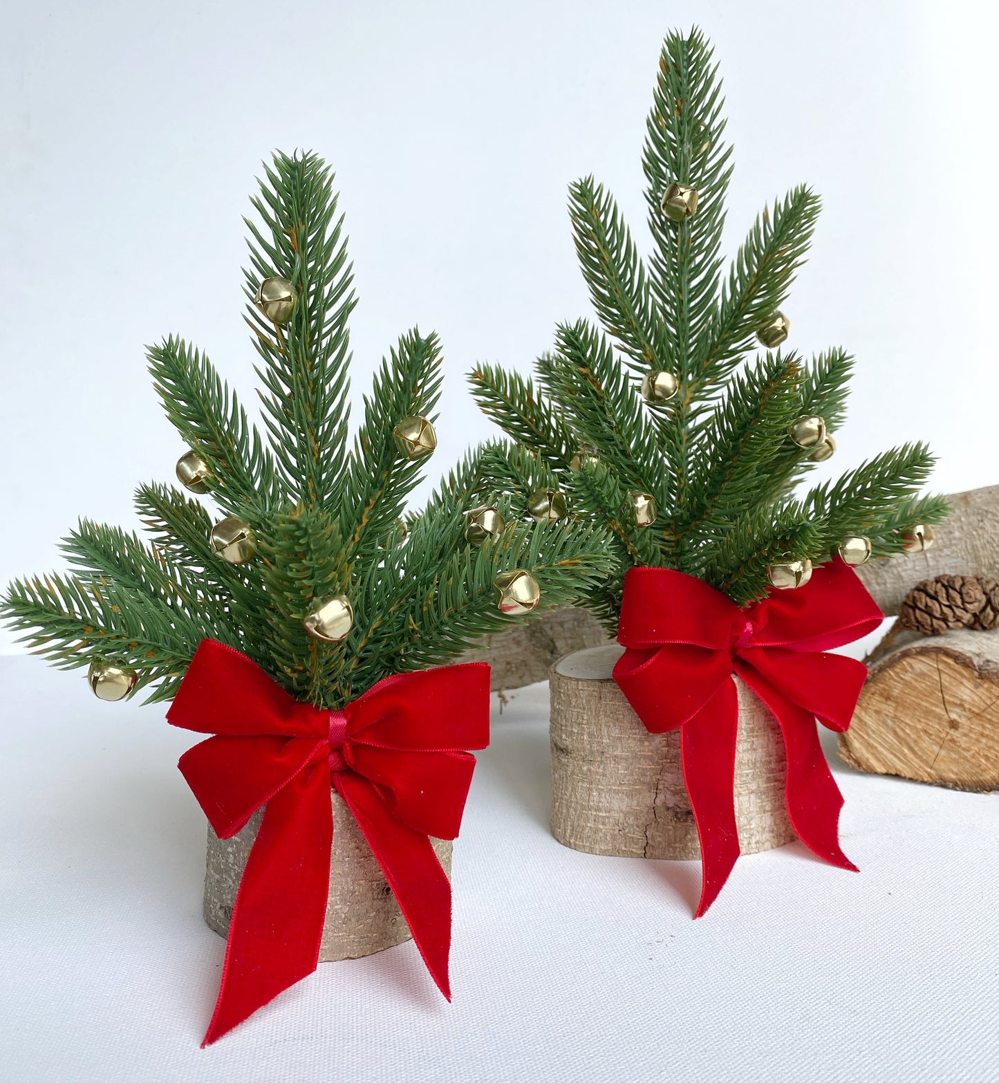 Mini Christmas Tree – Faux Tabletop Christmas Tree with Red Velvet Ribbon and Gold Bells | Office & Home Holiday Decor