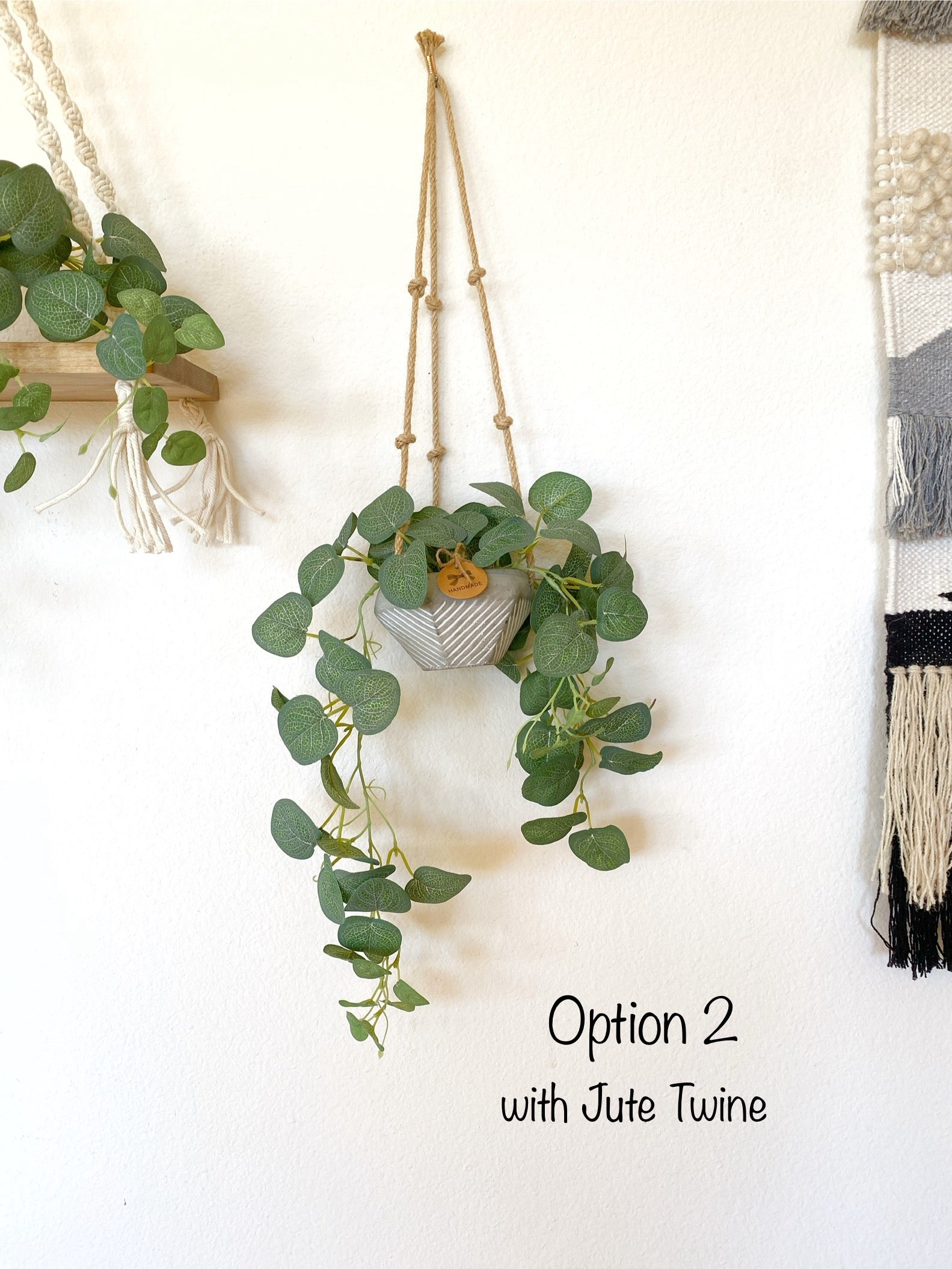 twine for hanging plants Silk Eucalyptus Hanging Plant in Textured Concrete Pot with Jute Twine – Ursina's Deco Shop