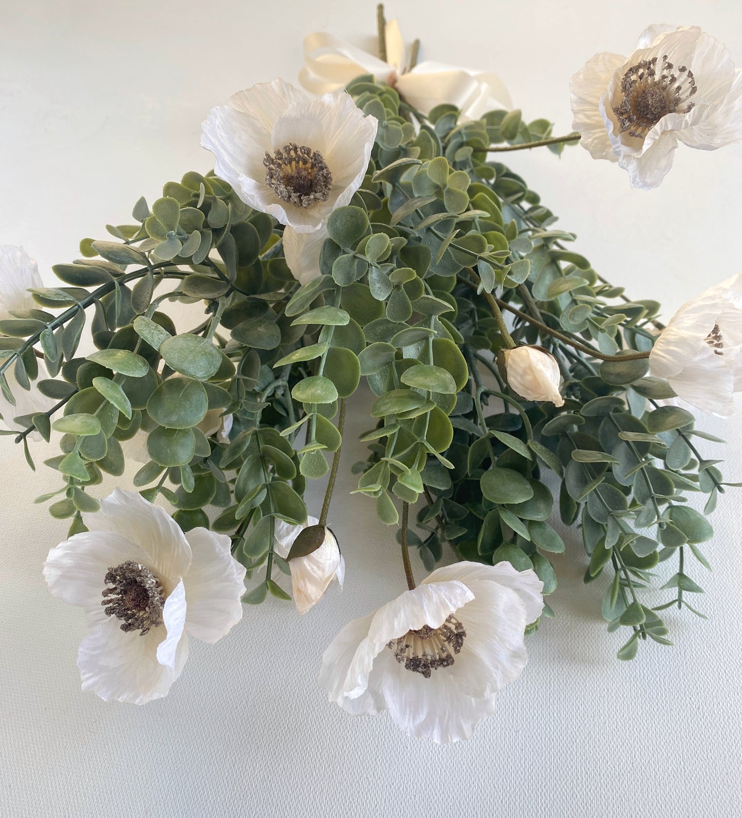 Winter Flower Arrangement - Poppy and Eucalyptus Faux Flowers - White Poppies - High Quality Flower Bunch - Eucalyptus and silk Poppies