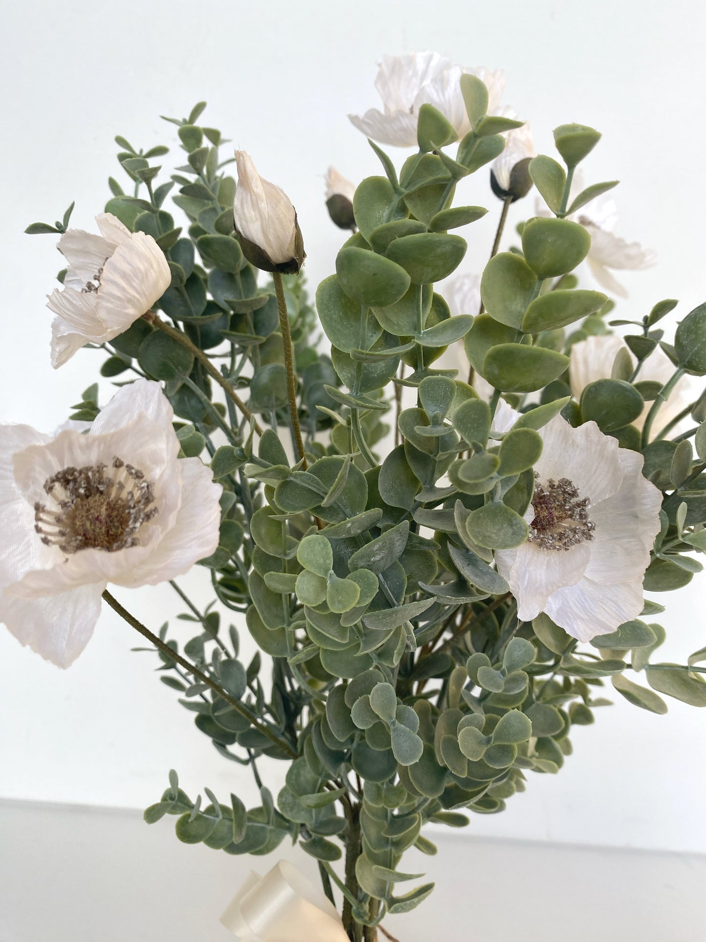 Winter Flower Arrangement - Poppy and Eucalyptus Faux Flowers - White Poppies - High Quality Flower Bunch - Eucalyptus and silk Poppies