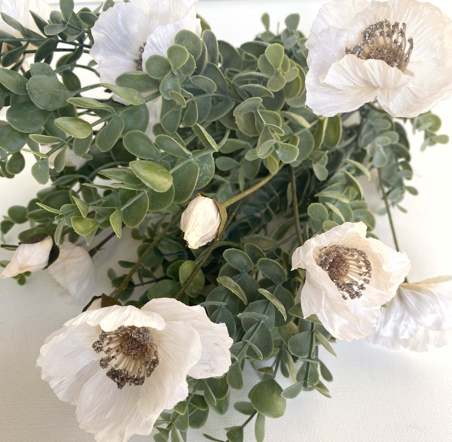 Winter Flower Arrangement - Poppy and Eucalyptus Faux Flowers - White Poppies - High Quality Flower Bunch - Eucalyptus and silk Poppies