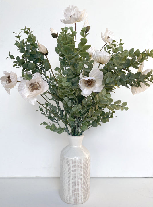 Winter Flower Arrangement - Poppy and Eucalyptus Faux Flowers - White Poppies - High Quality Flower Bunch - Eucalyptus and silk Poppies