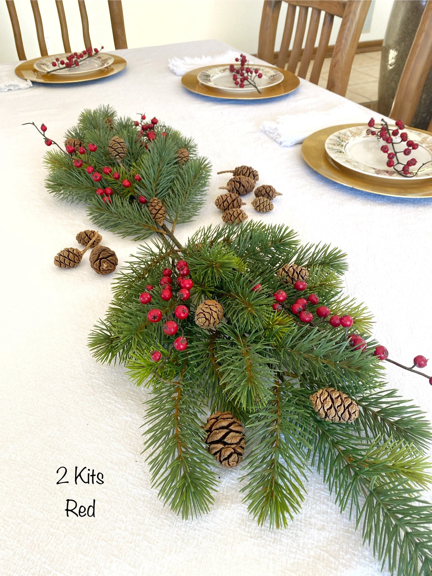 Christmas Table Decor Kit with Red, White or Gold Berries - Holiday Table Centerpiece - High Quality Artificial Holiday Decor Kit