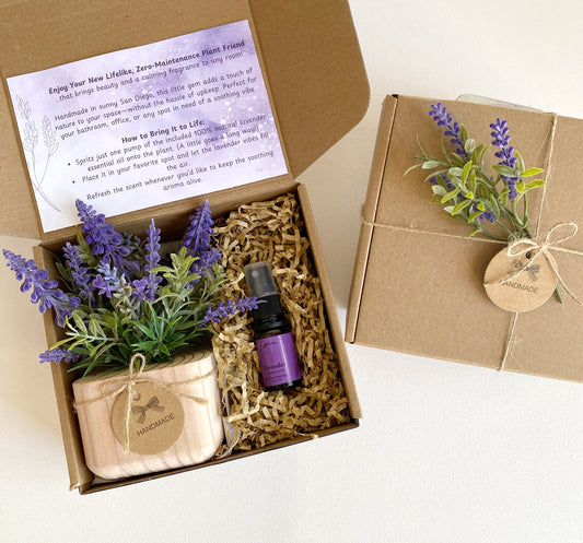 Gift Box with Realistic Faux Lavender or Eucalyptus Plant | Handmade Wood Pot & Essential Oil Spray for a Lifelike Touch | Unique Gift Idea